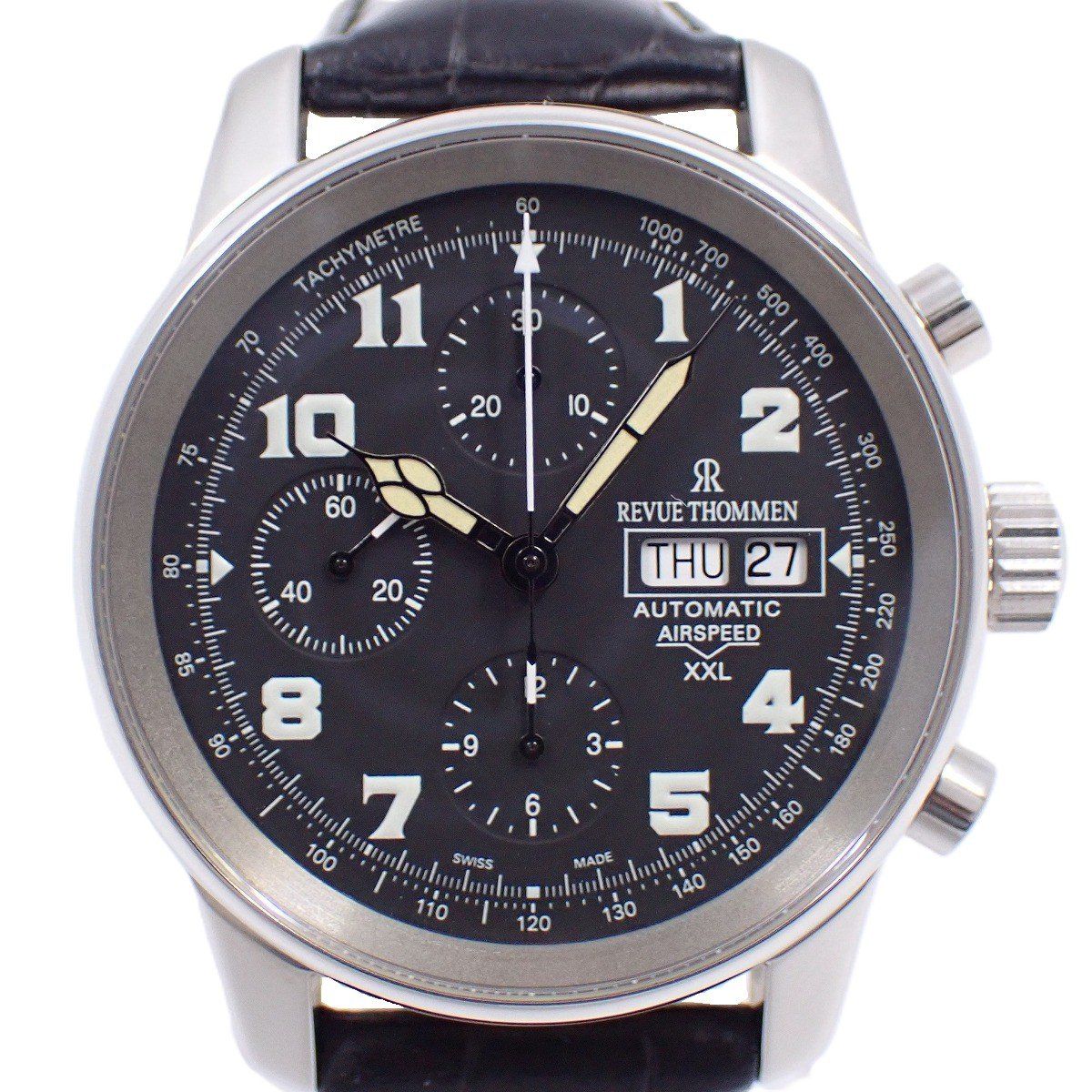 レビュートーメン エアスピードXXL クロノグラフ 自動巻き メンズ 腕時計 黒文字盤 革ベルト 16701.6