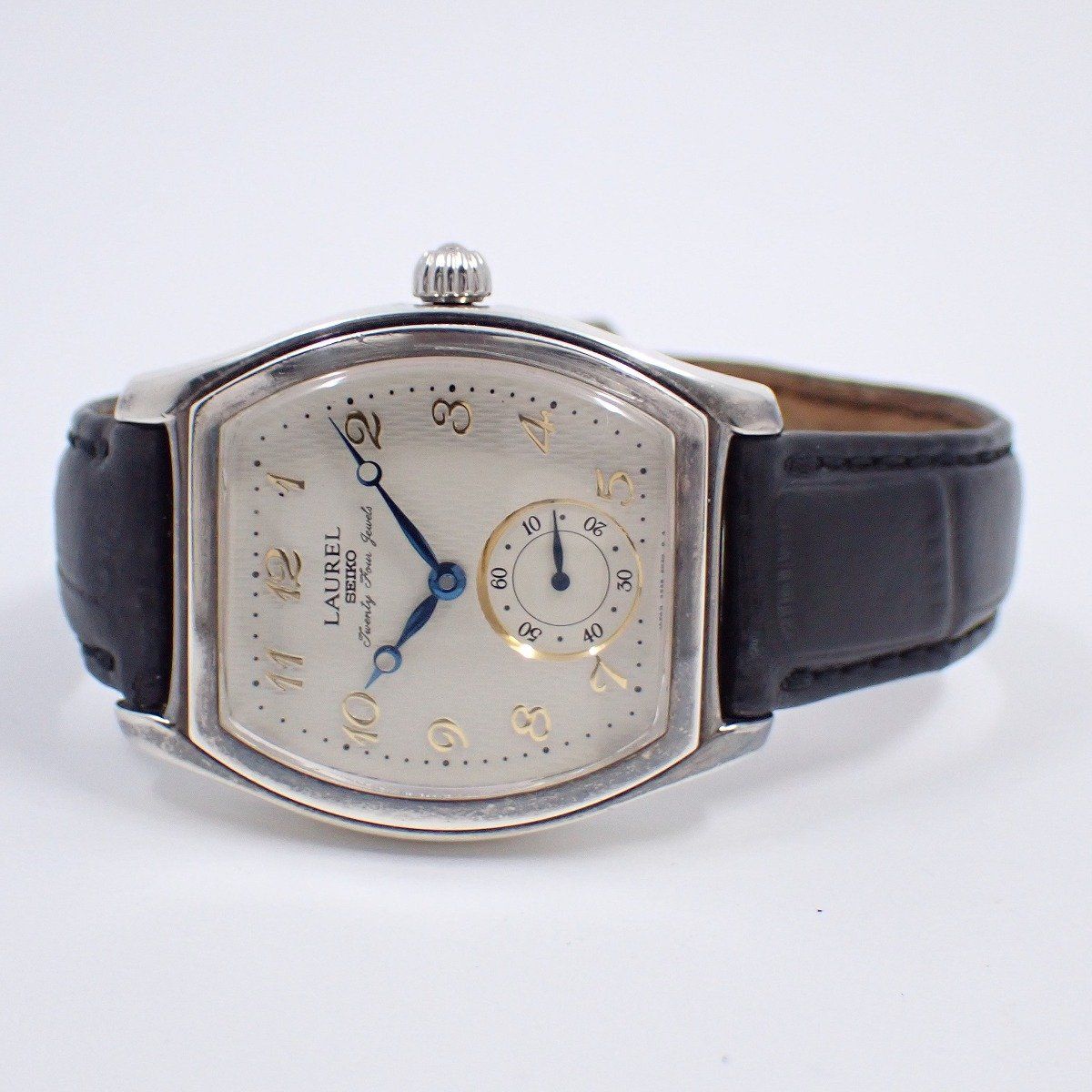 SEIKO セイコー ローレル トノー型 SV 925無垢ケース 手巻き メンズ 腕時計 スモールセコンド 白文字盤 社外ベルト 4 S 28 5010