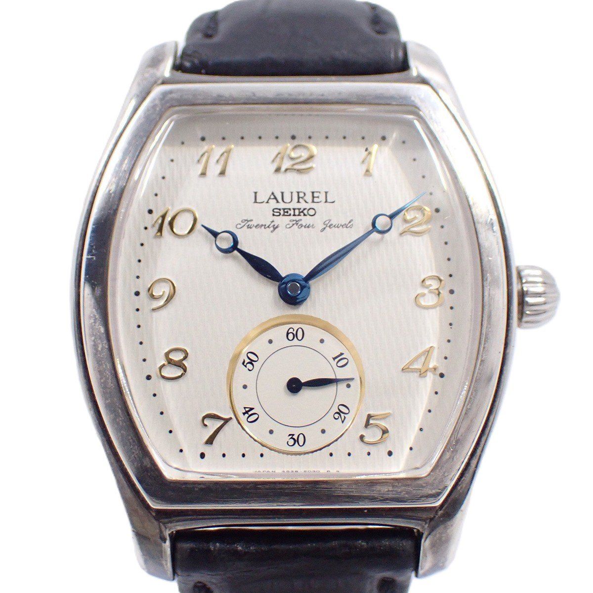 SEIKO セイコー ローレル トノー型 SV 925無垢ケース 手巻き メンズ 腕時計 スモールセコンド 白文字盤 社外ベルト 4 S 28 5010
