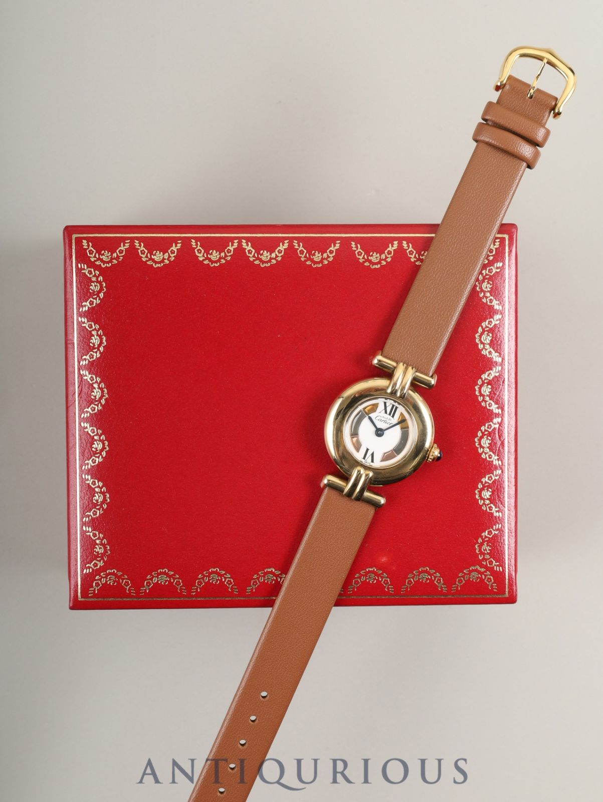 カルティエ マストコリゼ 590002 クォーツ Cal.690 SV 925 革 尾錠 GP サイドトリニティ文字盤 箱 オーバーホール済み