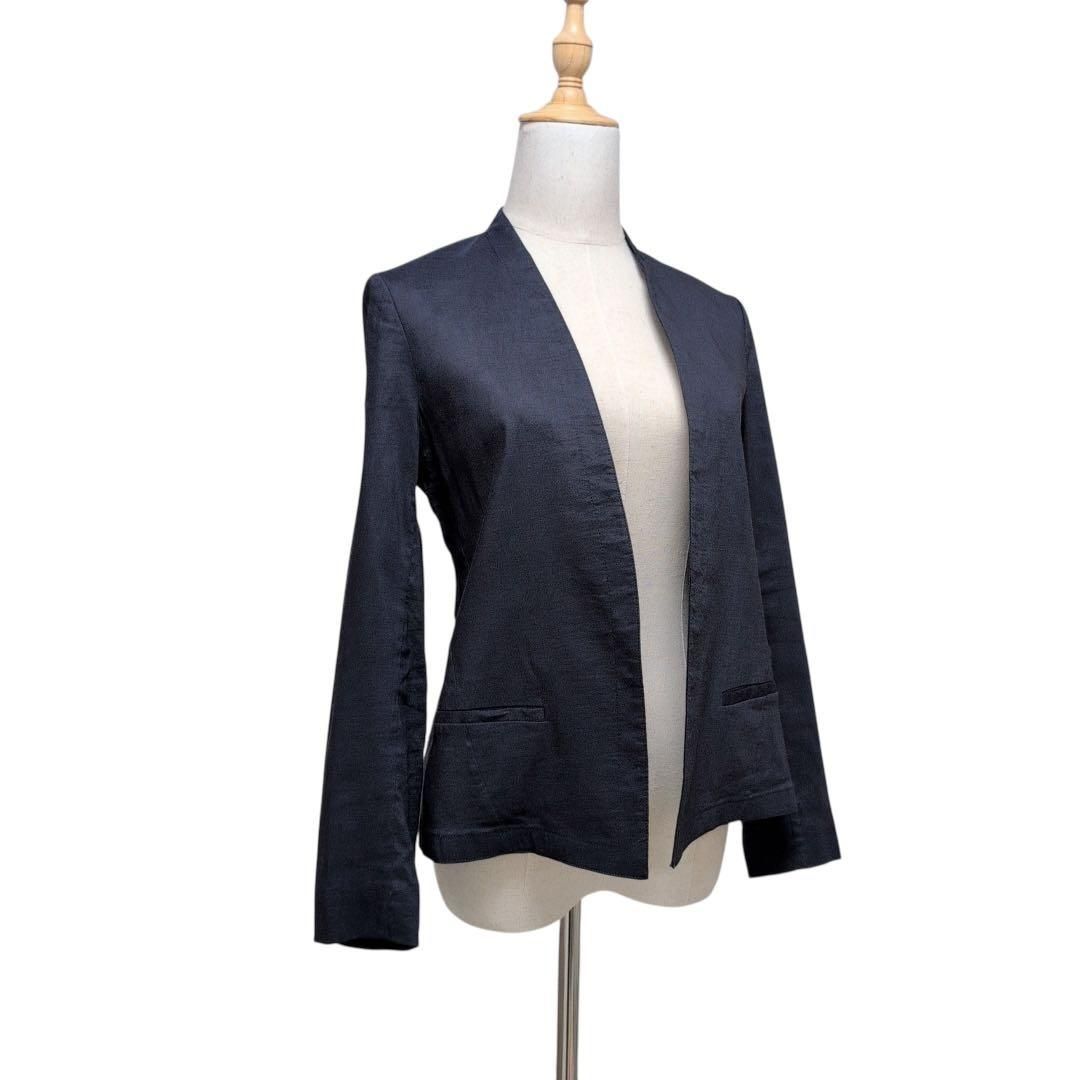 Theory セオリー【0】ノーカラージャケット ネイビー 美品 麻混 上品