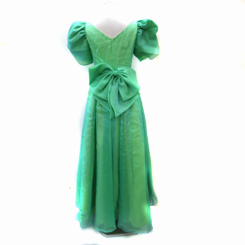 Gura More ドレス Aライン パフスリーブ 半袖 オーガンジー リボン 花モチーフ 9 緑 グリーン SM 22 GY 58