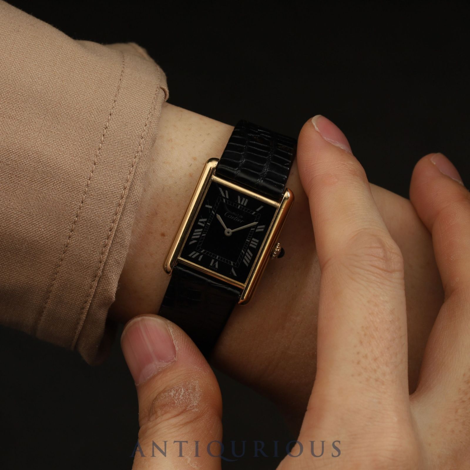 カルティエ マストタンク LM 手巻き Cal 78 1 SV 925 革 尾錠 GP ブラックローマン文字盤 オーバーホール済み