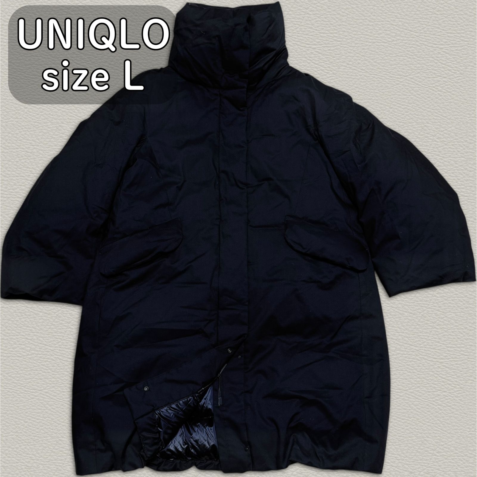 美品】 ユニクロ +J ハイブリッドダウンコート ネイビー L レディース