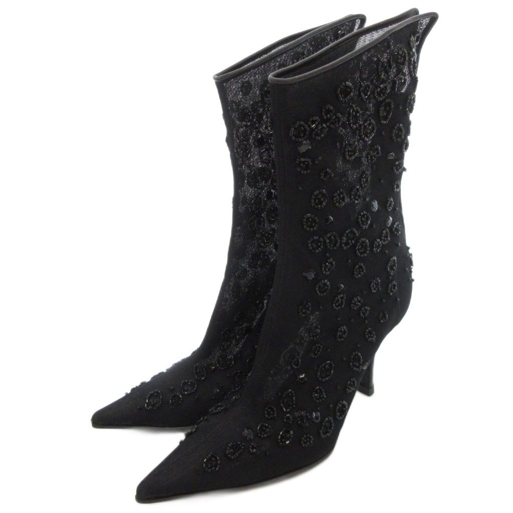 【中古】セルジオロッシ Sergio rossi アンクルブーツ ショート ビーズ装飾 ポインテッドトゥ シアー 36.5 黒 セルジオロッシ Sergio rossi アンクルブーツ ショート ビーズ装飾