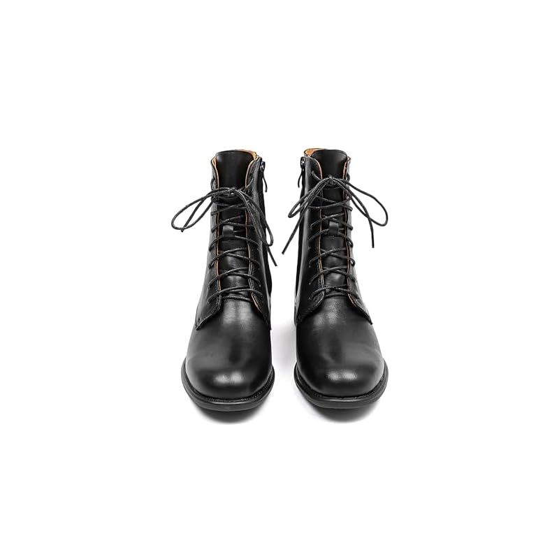 ZUYEE ズイェ レディース レースアップブーツ 本革 フラット サイドジップ 編み上げブーツ ショートブーツ ブラック 23.0 cm