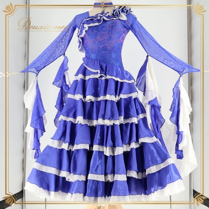 社交ダンス 衣装 セキネ SEKINE スタンダードドレス ドレス ワンピース 青 白 フリル レース フロート 競技 ダンス パーティ 発表会 ブルー系 ホワイト系 フ スカート おしゃれ 上品 可愛い 競技用 舞台用 コスチューム レディース