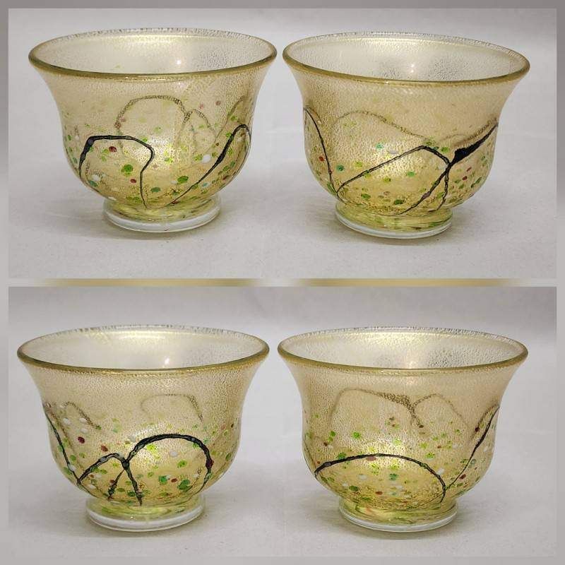 黒木国昭 作 金彩象嵌 酒器3点セット 「光琳」 刻印あり ガラス工芸 木