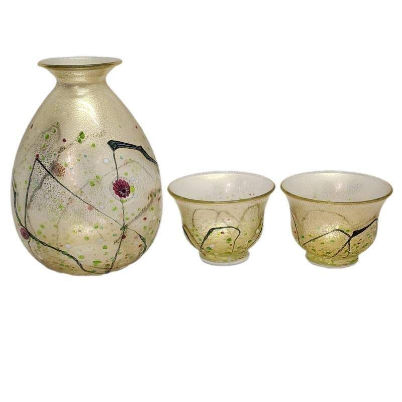 黒木国昭 作 金彩象嵌 酒器3点セット 光琳 刻印あり ガラス工芸 木 属 ♥品