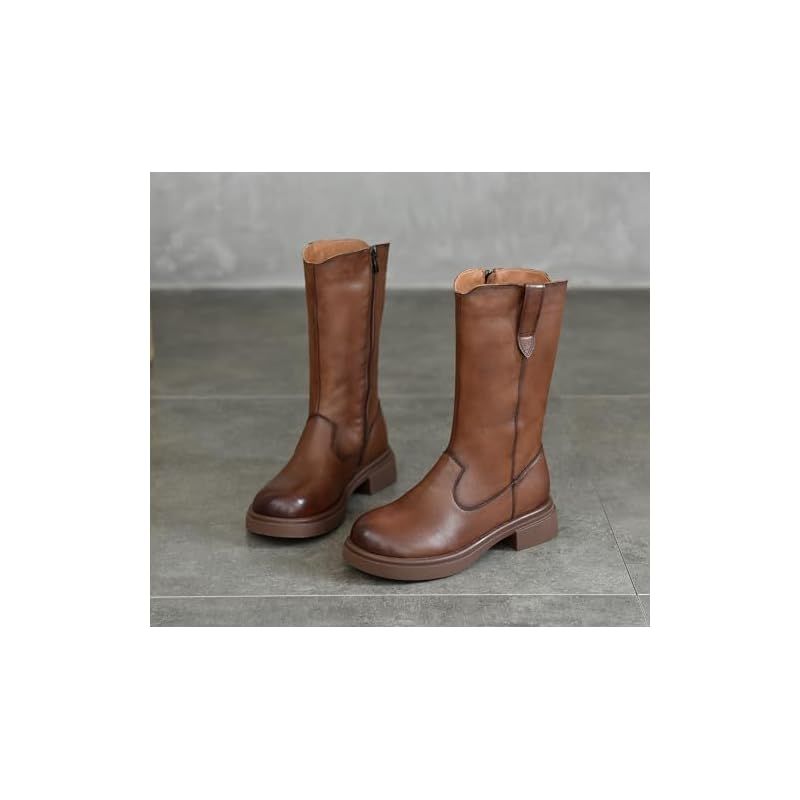 ZUYEE レディース ブーツ 本革 ローヒール サイドジップ ミドルブーツ 歩きやすい カジュアル ブラウン 23.5 cm