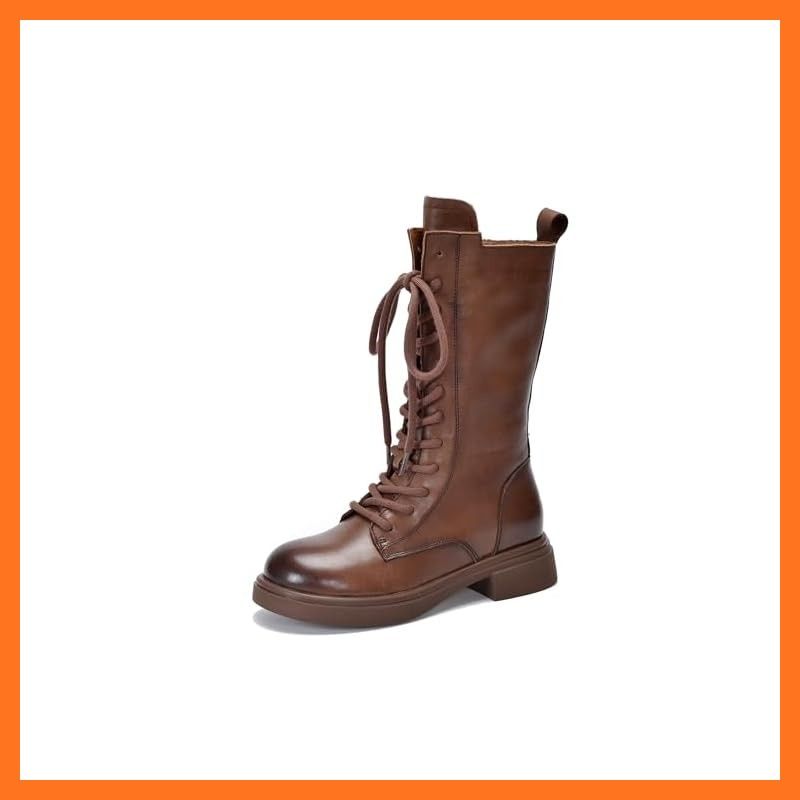 ZUYEE レディース レースアップブーツ 本革 ローヒール サイドジップ 編み上げブーツ ミドルブーツ イングランド風 ブラウン 24.0 cm