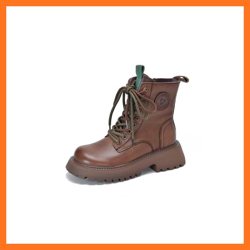 ZUYEE レディース レースアップブーツ 本革 サイドジップ 厚底 ローヒール 編み上げ ショートブーツ かわいい カジュアル 歩きやすい ブラウン 24 0 cm