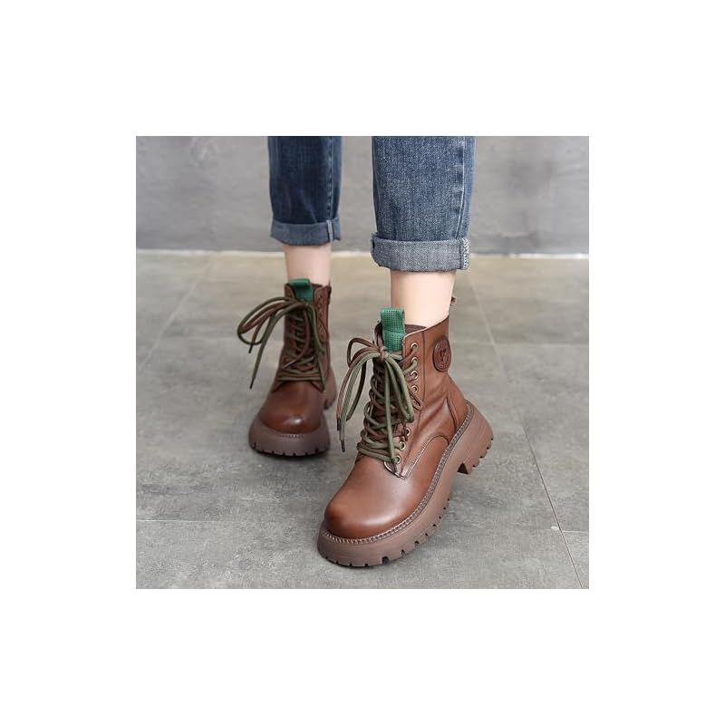 ZUYEE レディース レースアップブーツ 本革 サイドジップ 厚底 ローヒール 編み上げ ショートブーツ かわいい カジュアル 歩きやすい ブラウン 24.0 cm