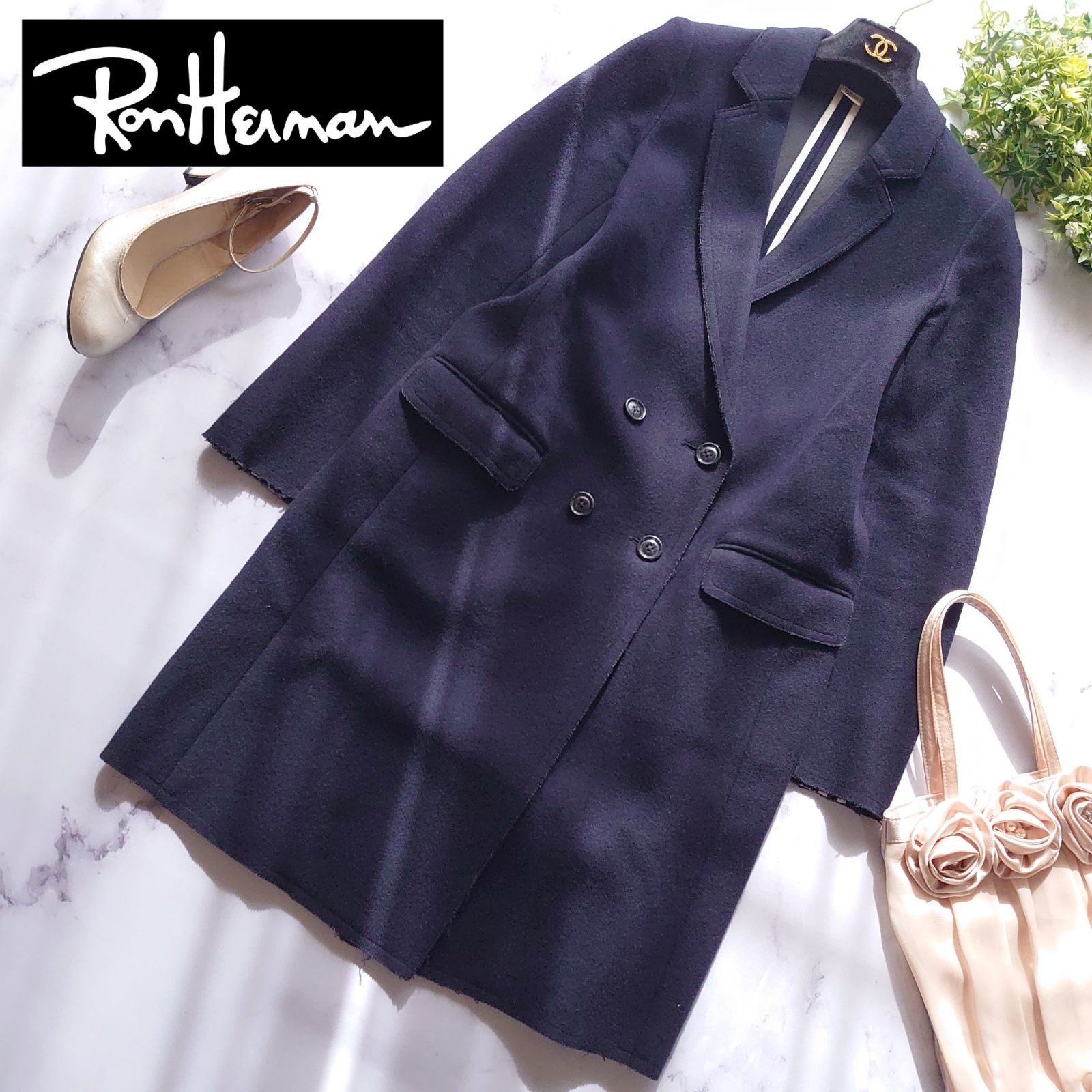 ロンハーマン カシミヤ チェスターコート ロング 紺 ダブル XS カット