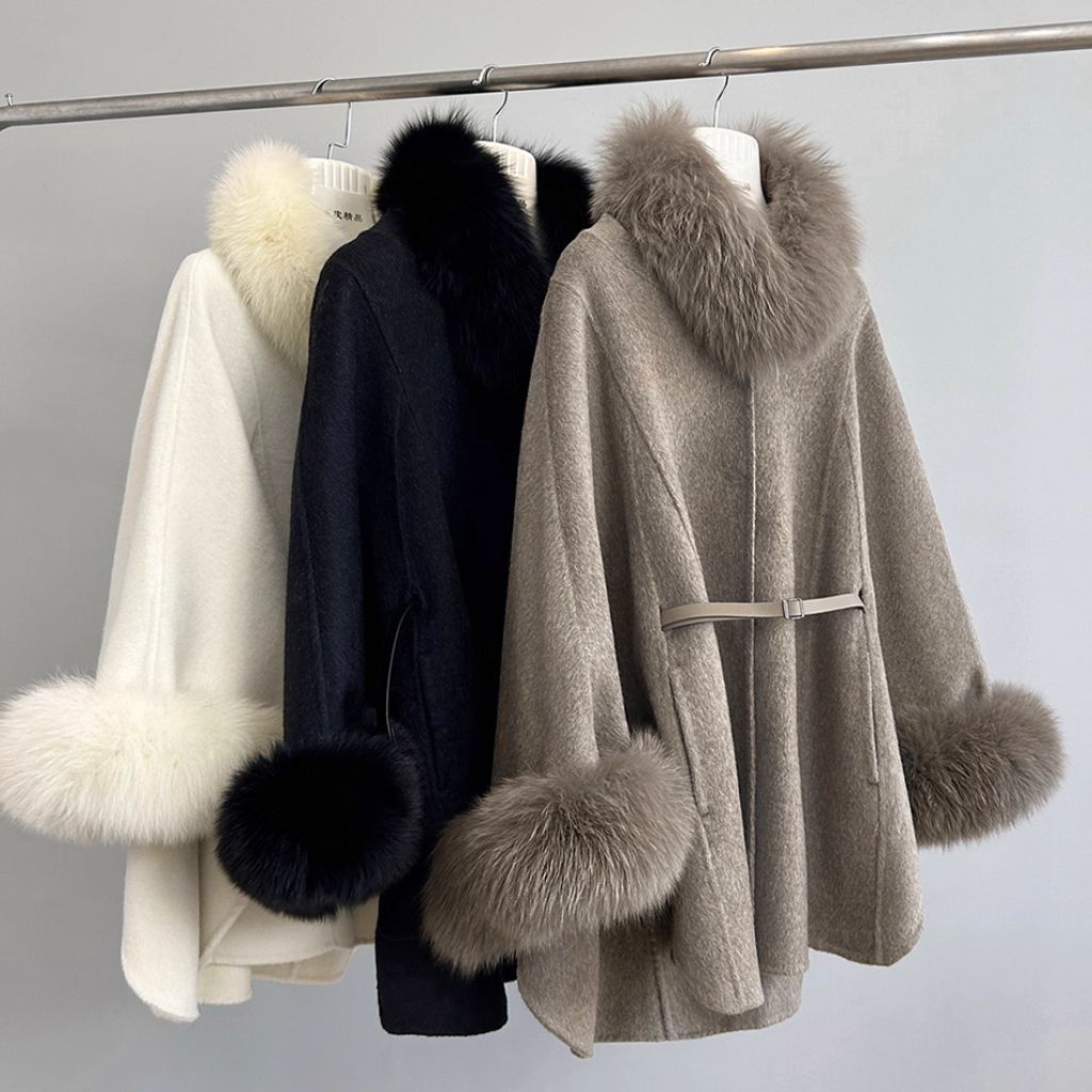 ウール70% フォックスファー ポンチョ ピーコート 購入 ミディ丈