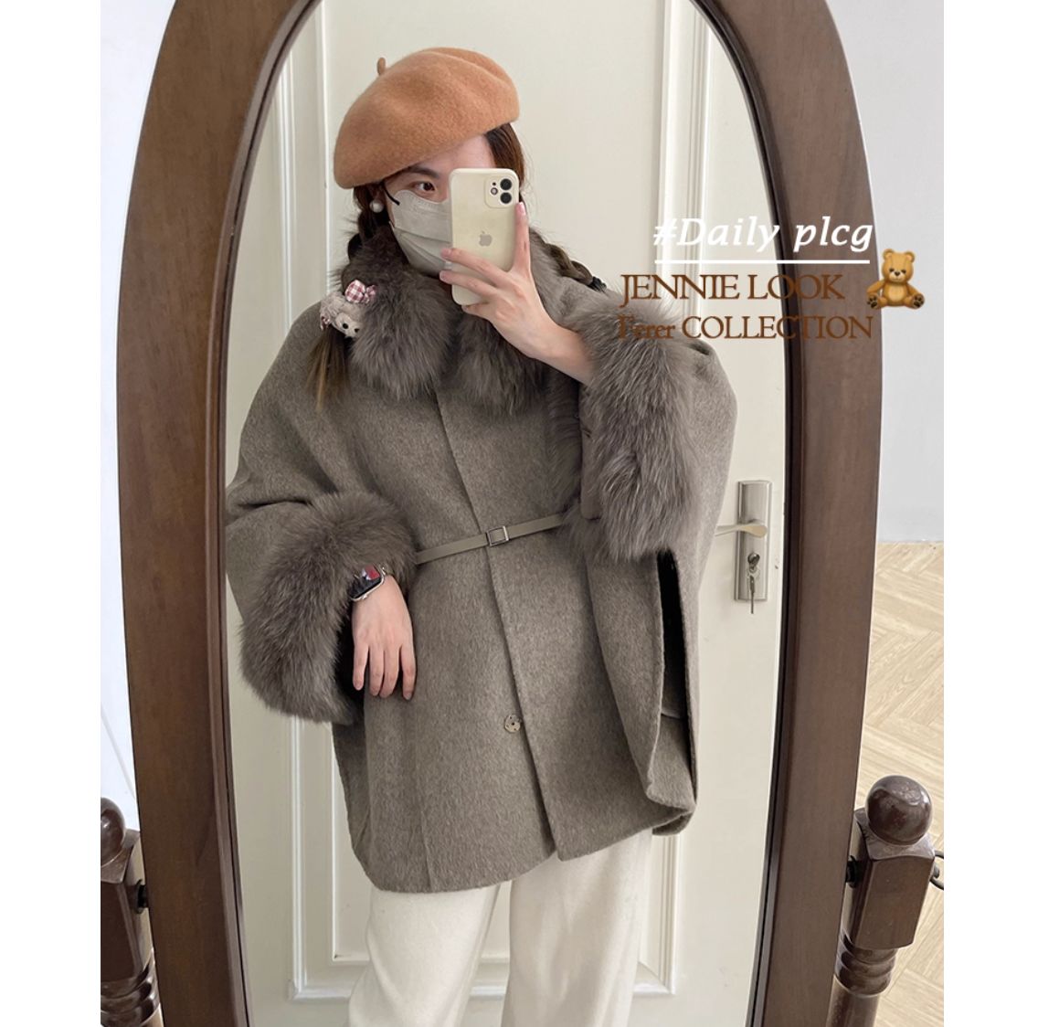 ウール70% フォックスファー ポンチョ ピーコート 購入 ミディ丈