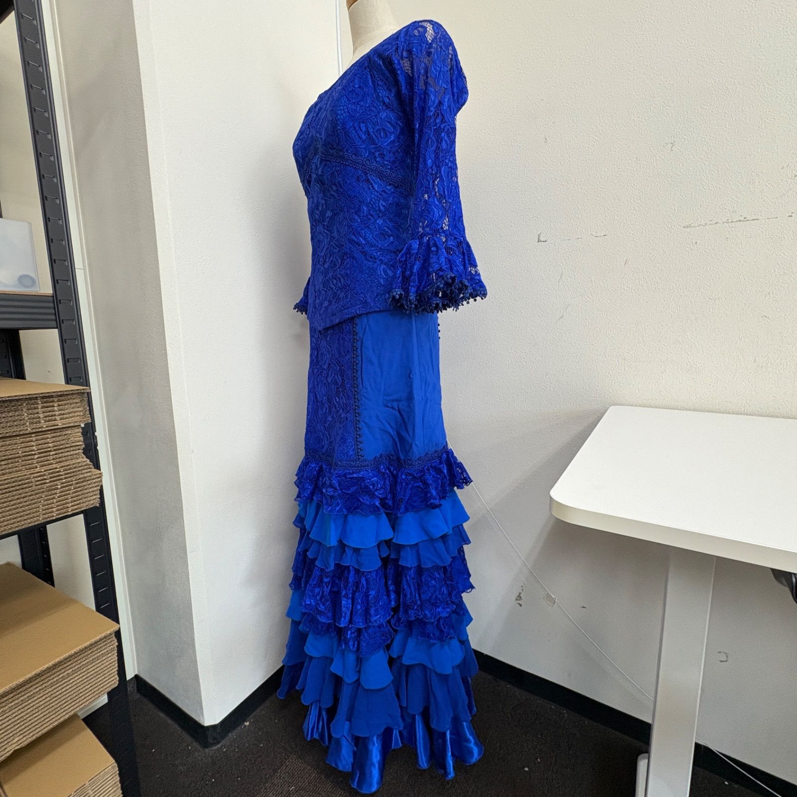 ソニアジョーンズ フラメンコ衣装 ツーピース ブラウス フリル ファルダ レース ブルー ハイウエスト