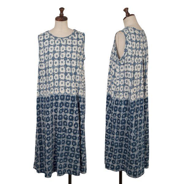 45 rpm R コットンインディゴ染めグラフィックノースリーブワンピース 紺オフ