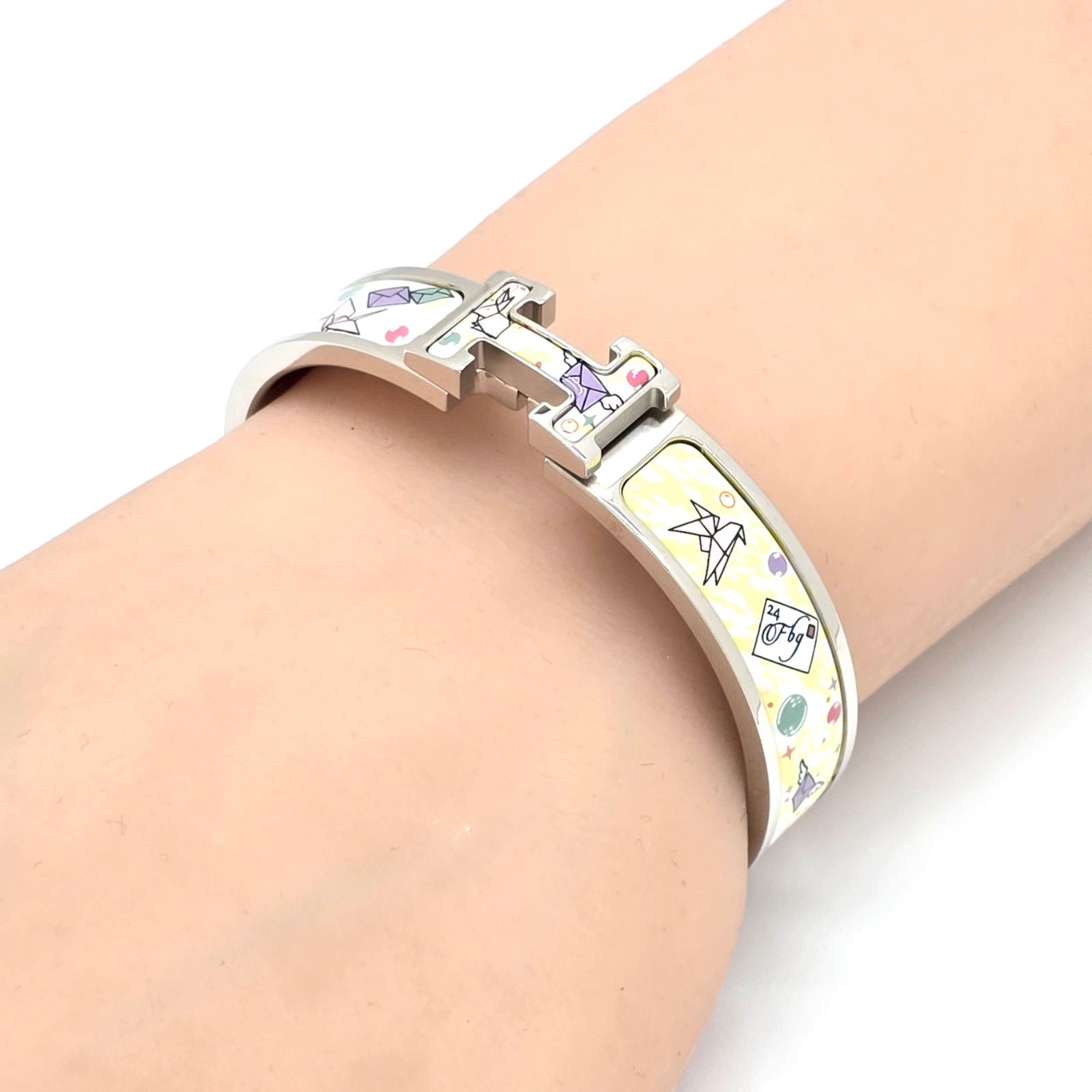 HERMES エルメス エナメル ブレスレット クリックH フラッグシップ PM バングル ジャスミン メタリック仕上げシルバリー 箱 保存袋 冊子 ショッパー