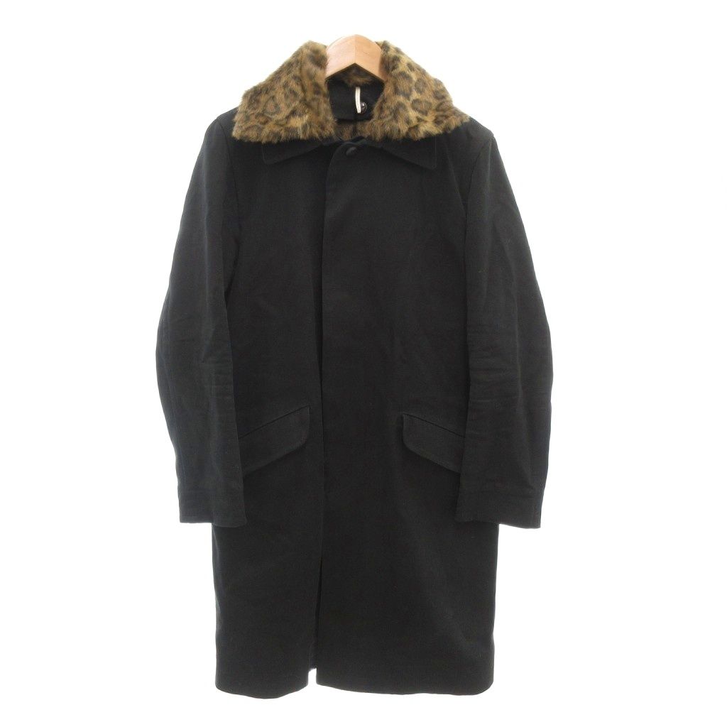 【中古】エムズブラック m's braque ステンカラーコート リネン混 フェイクファーライナー レオパード柄 ロング 黒 エムズブラック m's braque ステンカラーコート リネン混 フェイク