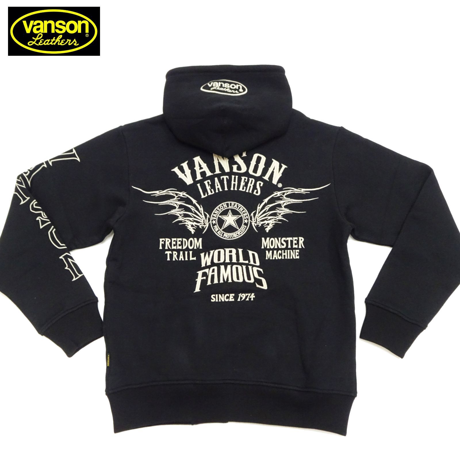 バンソン ジップアップパーカー VANSON 裏毛スウェット フーディ フライングスター刺繍 NVSZ 2602 黒