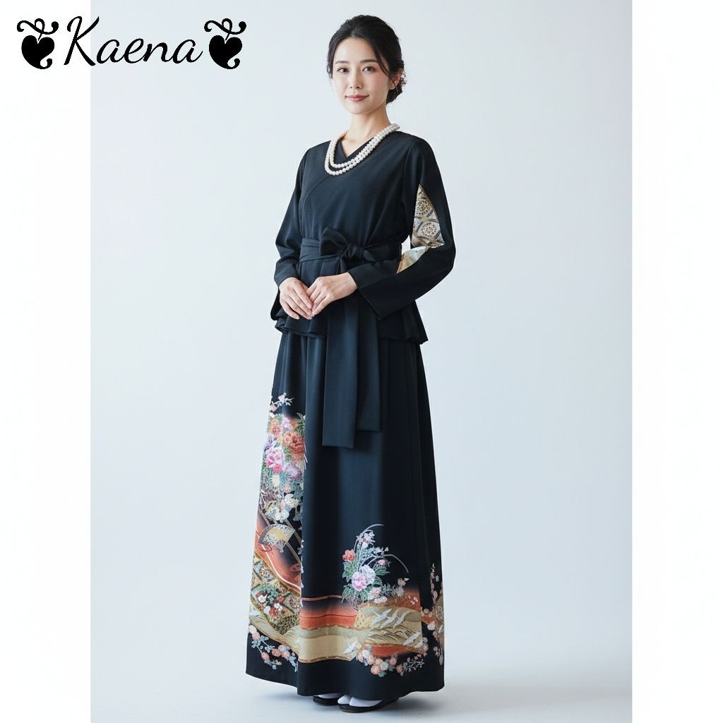 着物リメイク　ペプラム　セットアップ　黒留袖　ドレス　カシュクール　金箔　駒刺繍 ❦Kaena❦ 着物リメイク セットアップ ペプラムカシュクールブラウス