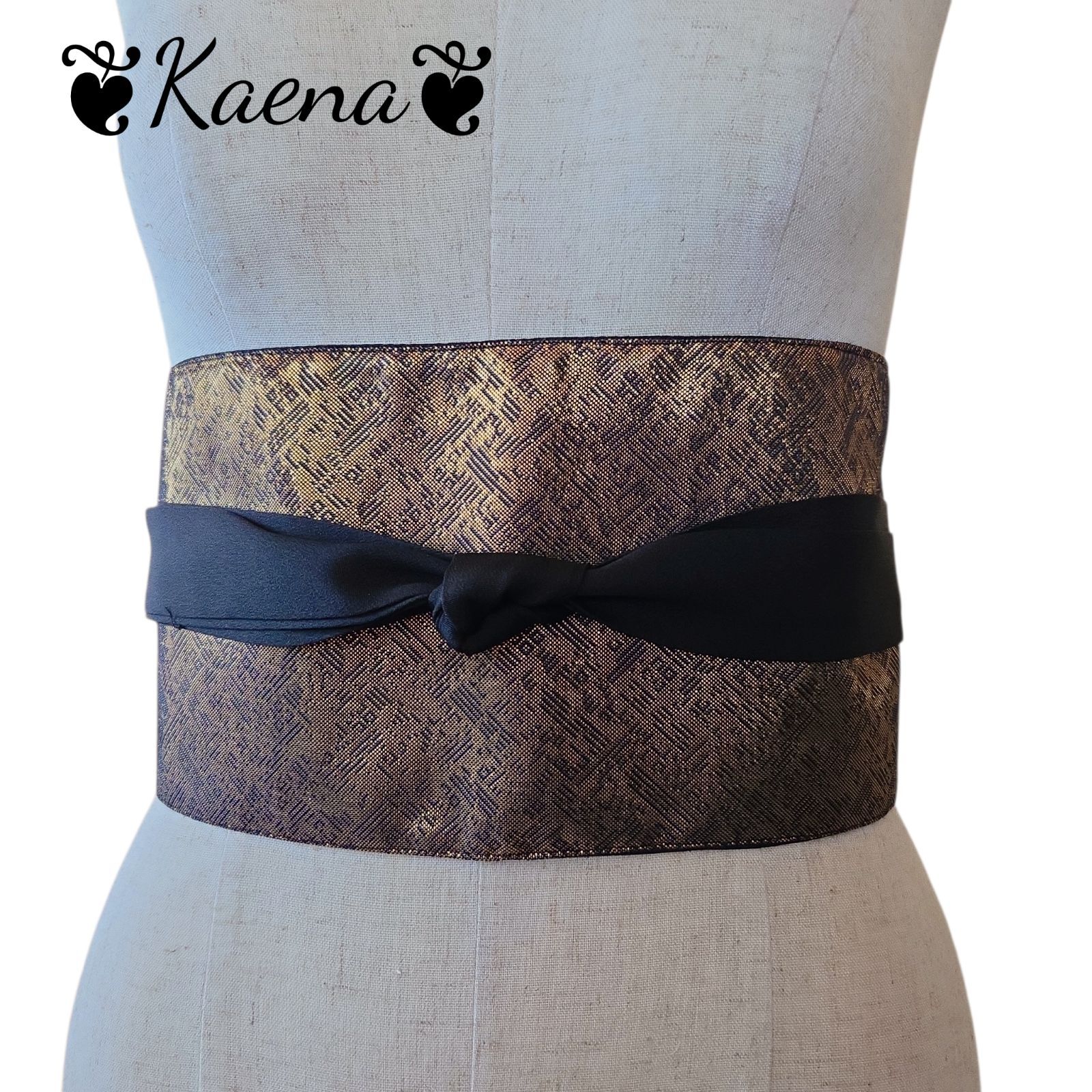 ❦Kaena❦ 着物リメイク サッシュベルト 帯ベルト 帯 ゴールド×黒 黒