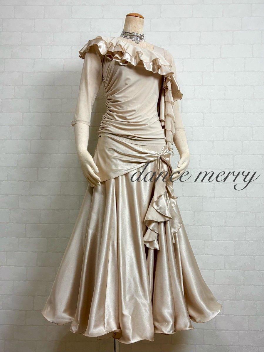 社交ダンス 豪華 ツーピース セットアップ ベージュ サテン パーティ ワルツ 1460