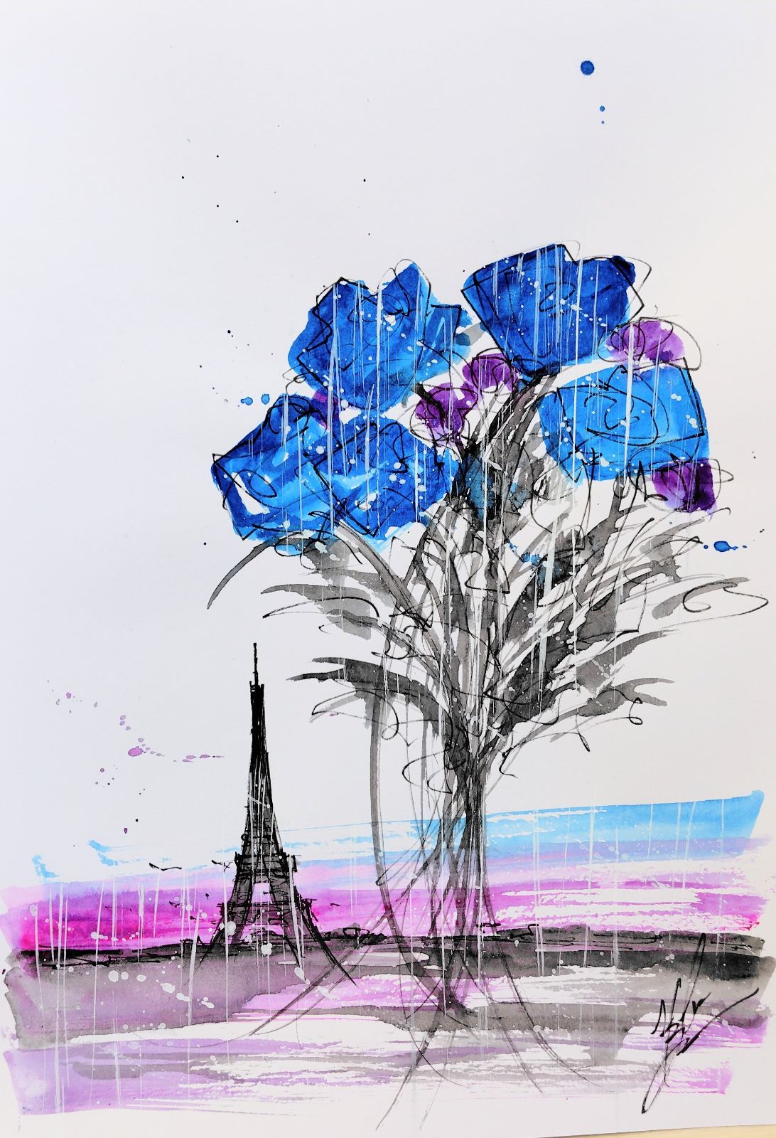 原画#26 エッフェル塔 薔薇 雨 フランス 水彩画 ドローイング