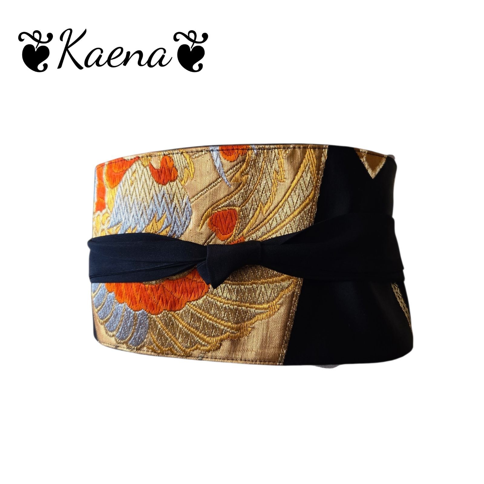 ❦Kaena❦ 着物リメイク サッシュベルト 帯ベルト 帯 刺繍 赤×黒 黒