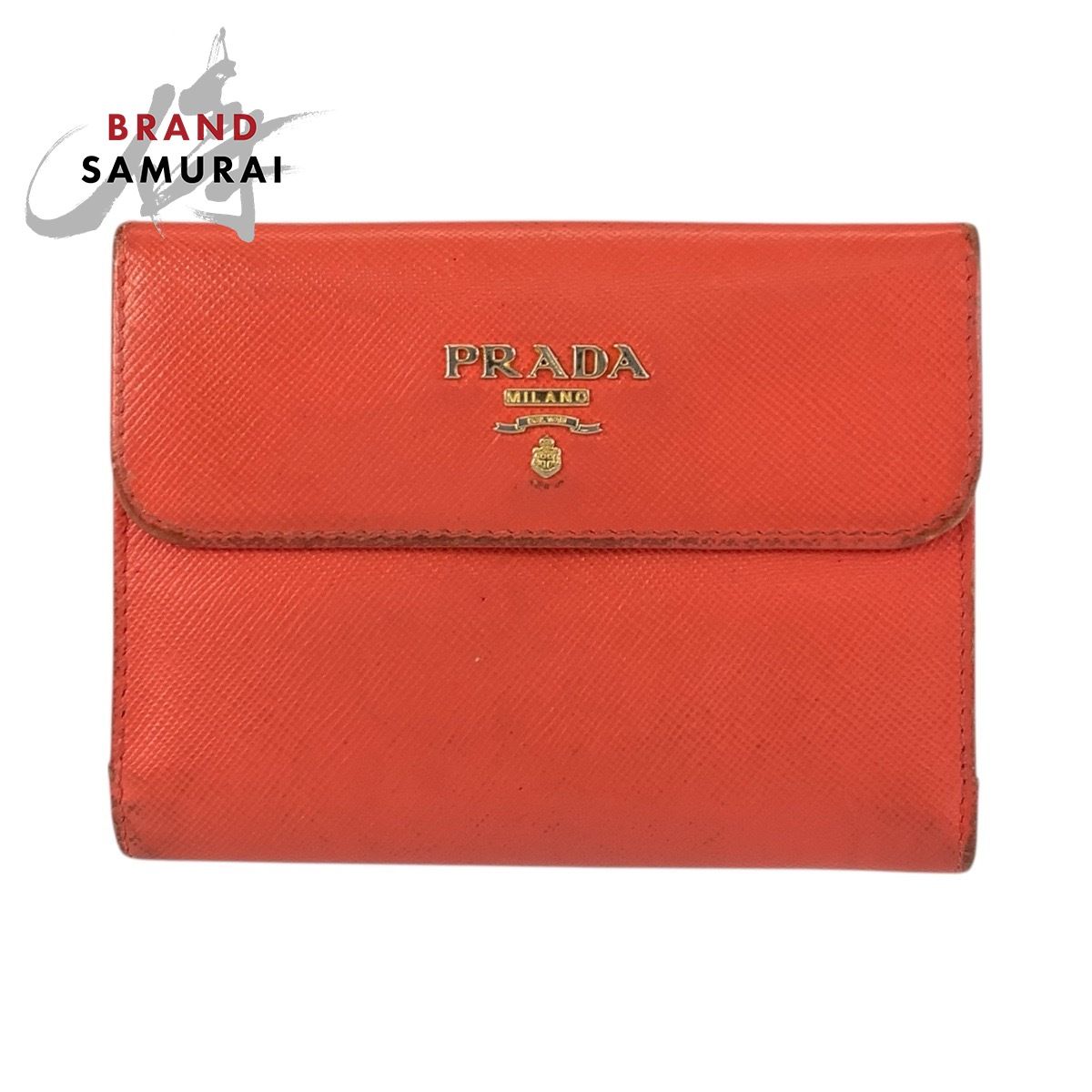 PRADA プラダ ロゴ オレンジ ゴールド金具 レザー 折財布 コンパクト