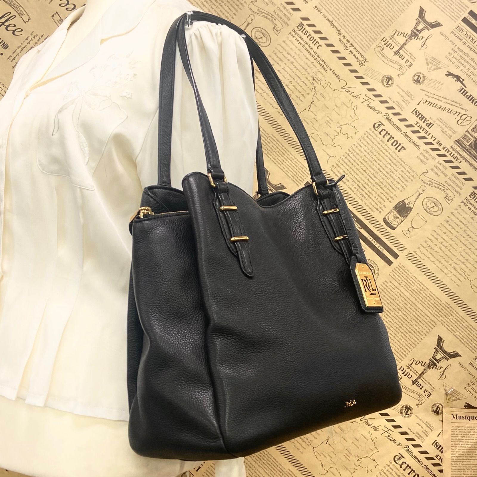 未使用級✨️希少✨️ローレンラルフローレン トートバック ロゴ金具 ビジネス 黒 ポロ ラルフローレン POLO RALPH LAUREN バッグ オールレザー トート