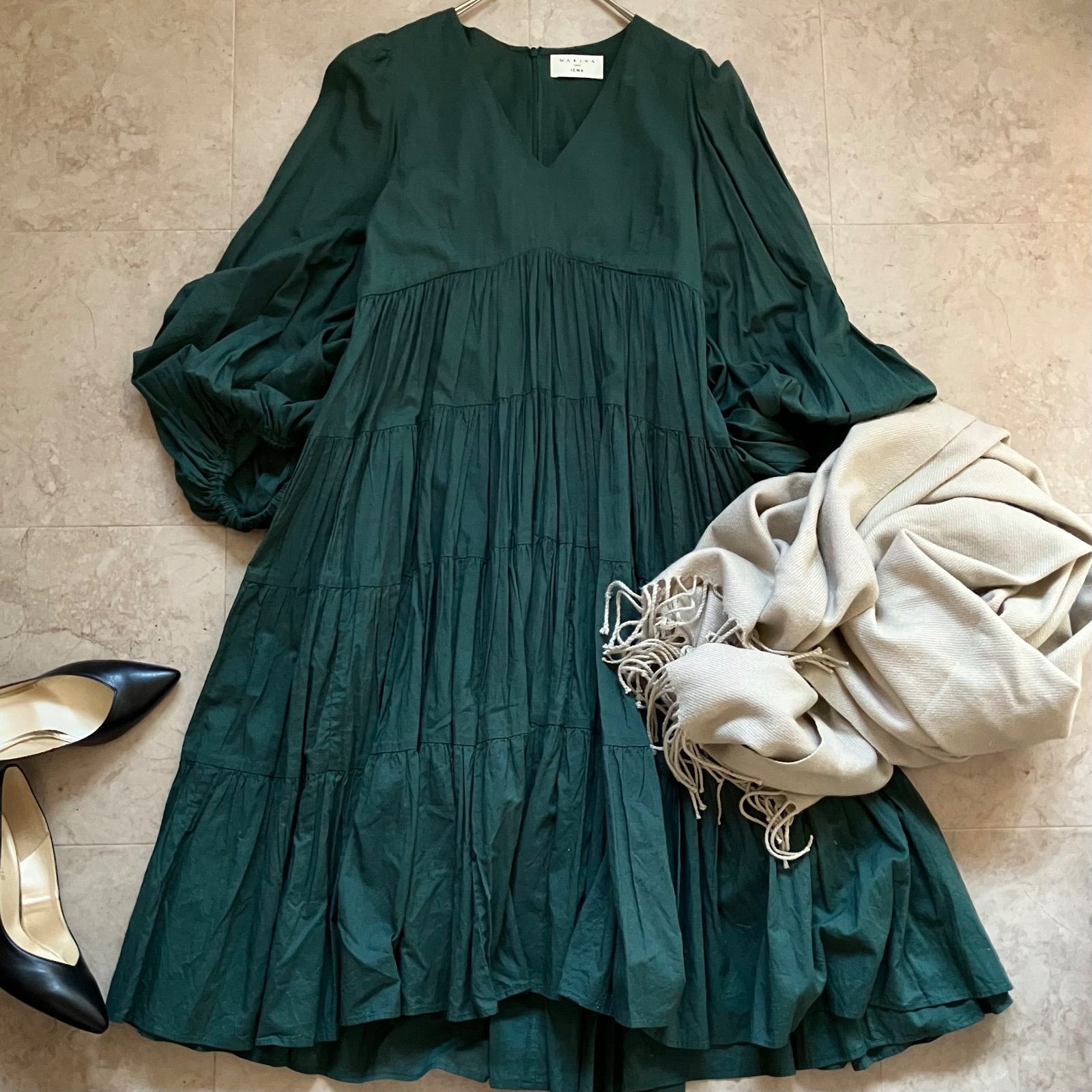 級 IENA別注 MARIHA ティアード ショート ドレス グリーン フ ワンピース 長袖 レディース