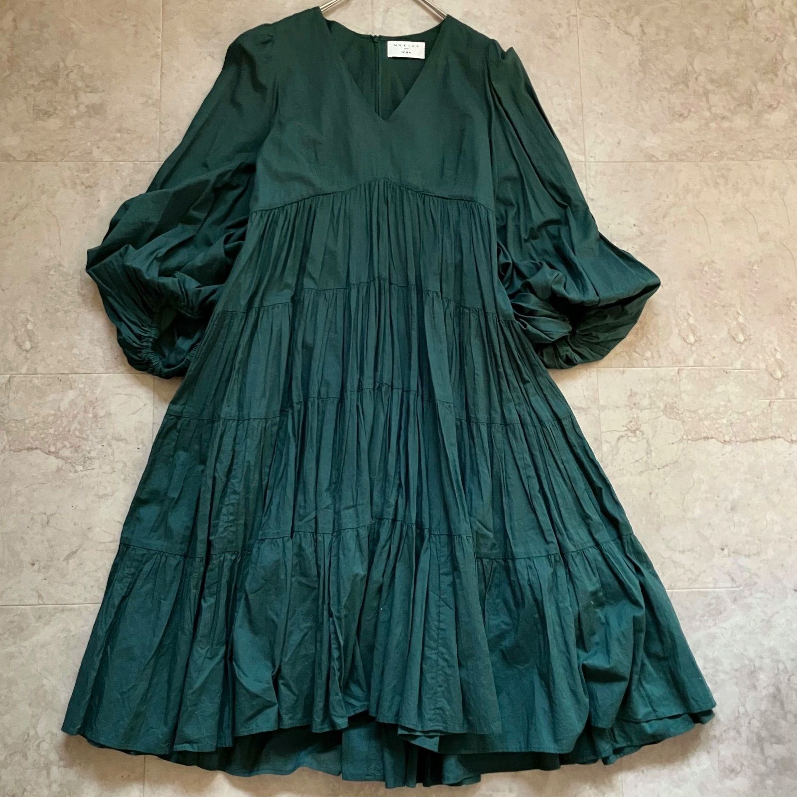 級 IENA別注 MARIHA ティアード ショート ドレス グリーン フ ワンピース 長袖 レディース