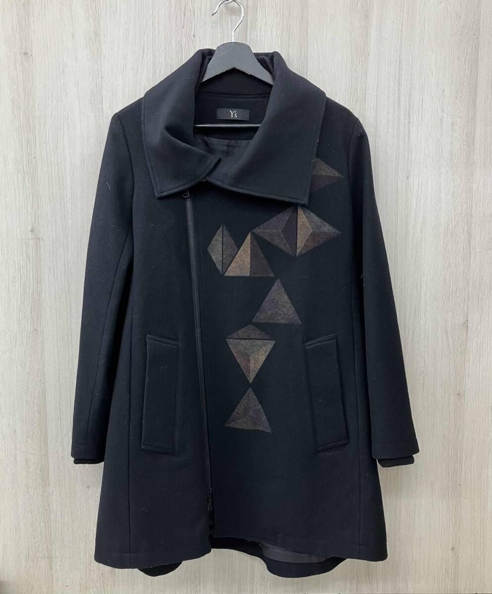 Y s ワイズ アウター YS-C 53-128 ウールビッグ コート 幾何学柄 ブラック サイズ2