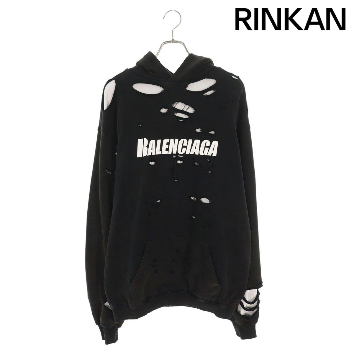 バレンシアガ 659403 TKVB6 デストロイ加工ロゴプリントパーカー