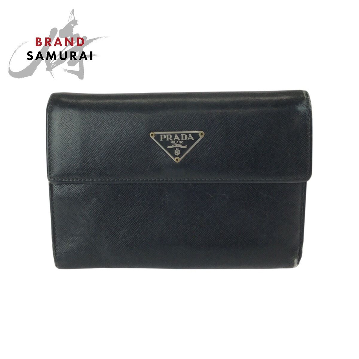 極美品　PRADA 黒 コンパクトウォレット　 サフィアーノレザーシルバー金具 PRADA プラダ サフィアーノ 三角ロゴプレート ブラック 黒 シルバー