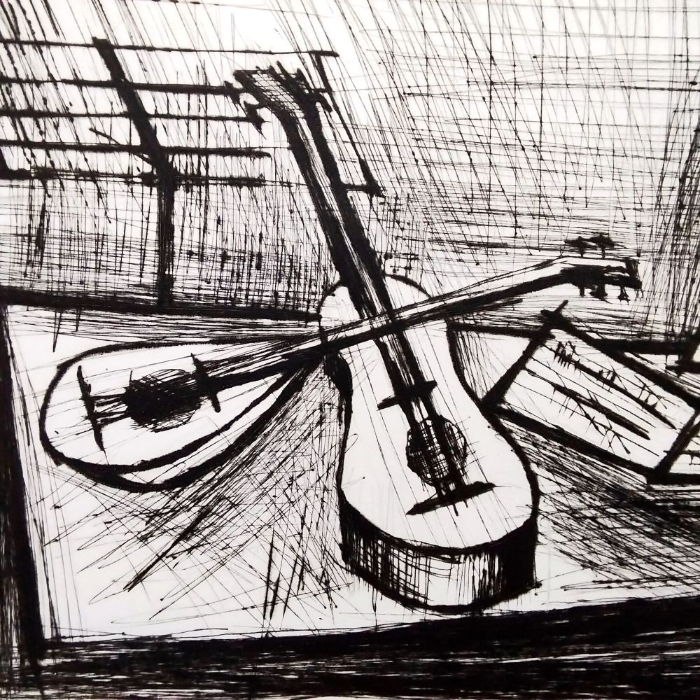 ベルナール・ビュッフェ 楽器のある静物 1979年 ドライポイント 銅版画