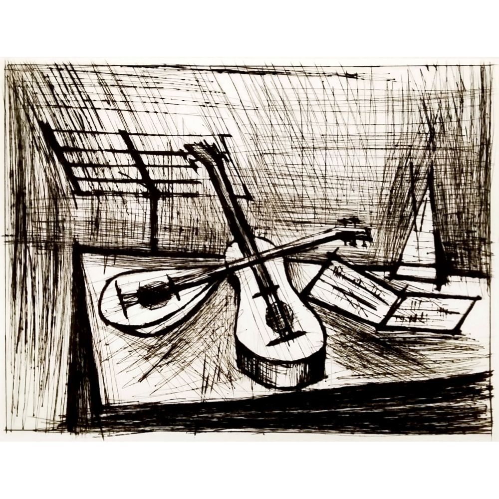 ベルナール・ビュッフェ 楽器のある静物 1979年 ドライポイント 銅版画