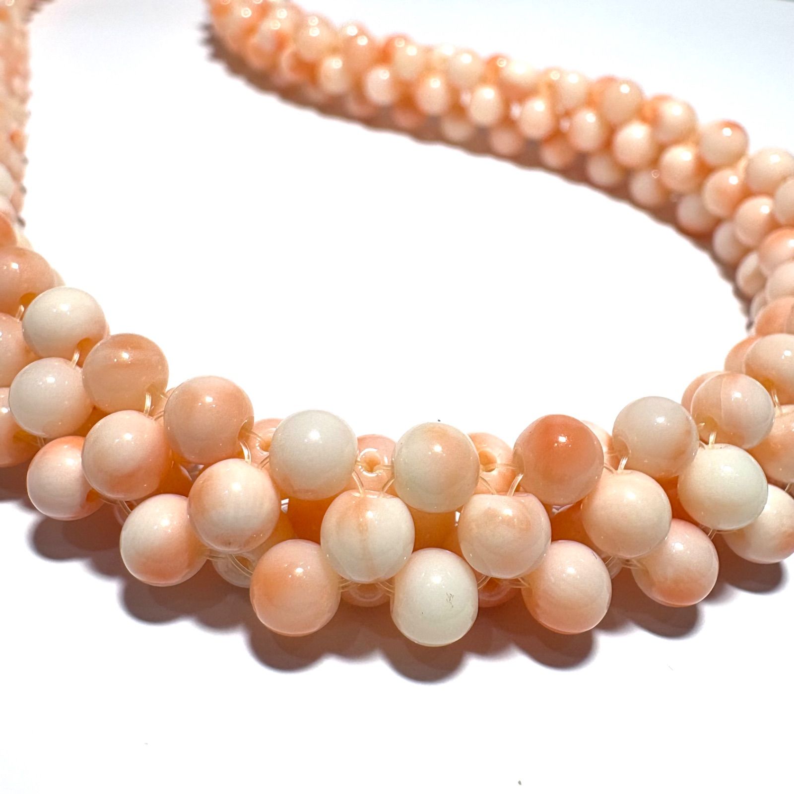 本珊瑚編み込みネックレス 天然桃珊瑚 編み込みネックレス シルバー金具 約42cm 本珊瑚 多連