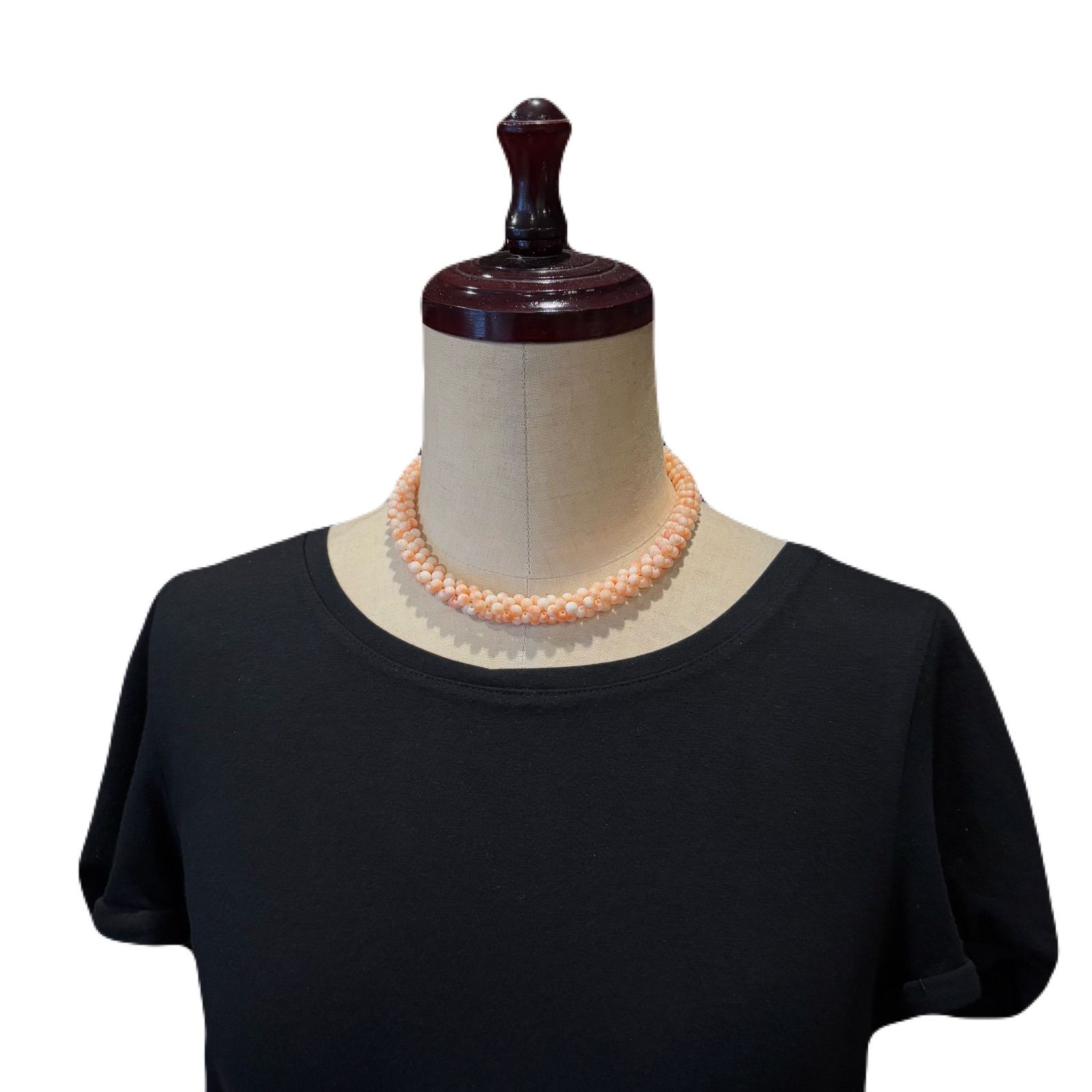 本珊瑚編み込みネックレス 天然桃珊瑚 編み込みネックレス シルバー金具 約42cm 本珊瑚 多連