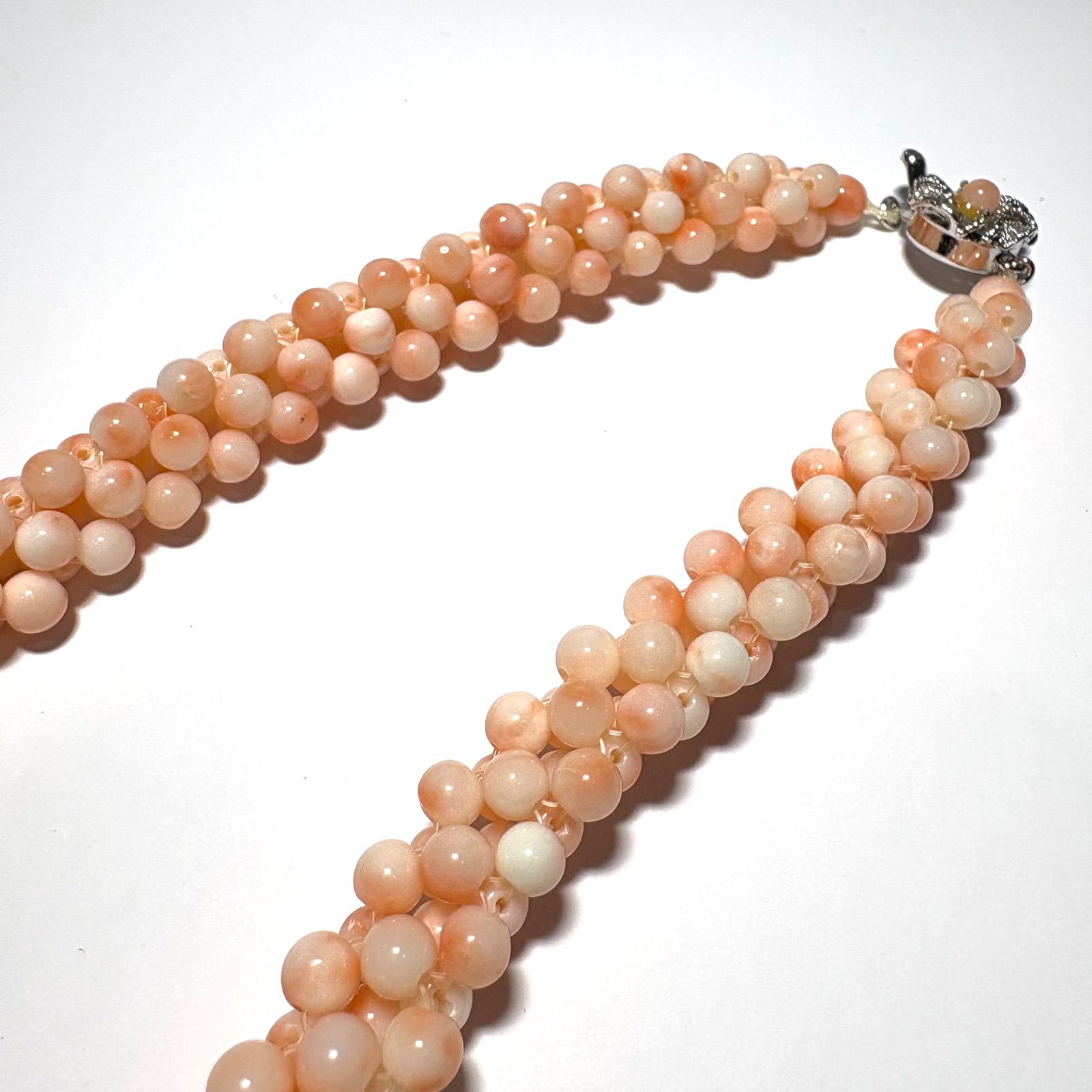 本珊瑚編み込みネックレス 天然桃珊瑚 編み込みネックレス シルバー金具 約42cm 本珊瑚 多連