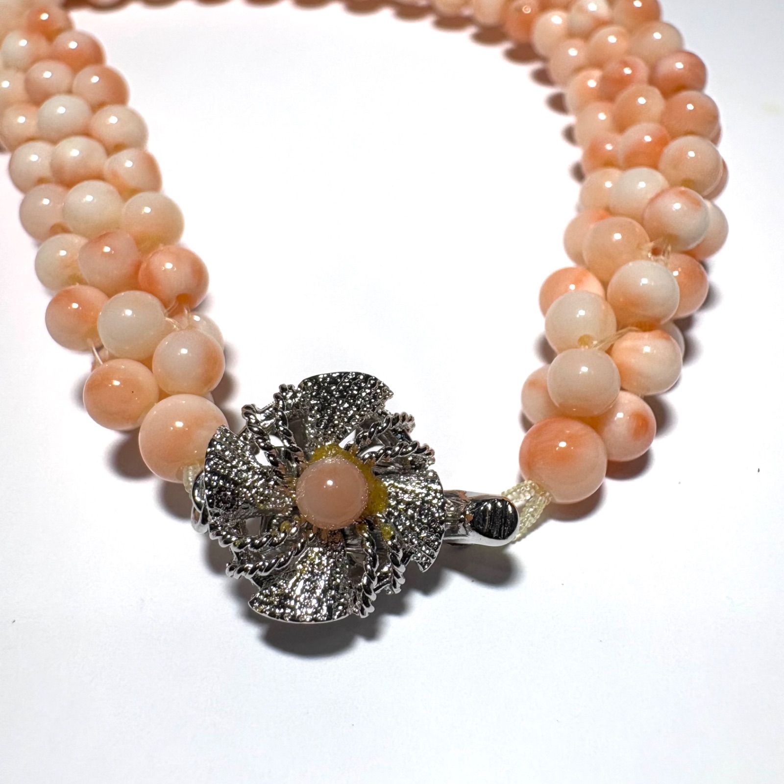 天然桃珊瑚 編み込みネックレス シルバー金具 約42cm 本珊瑚 多連