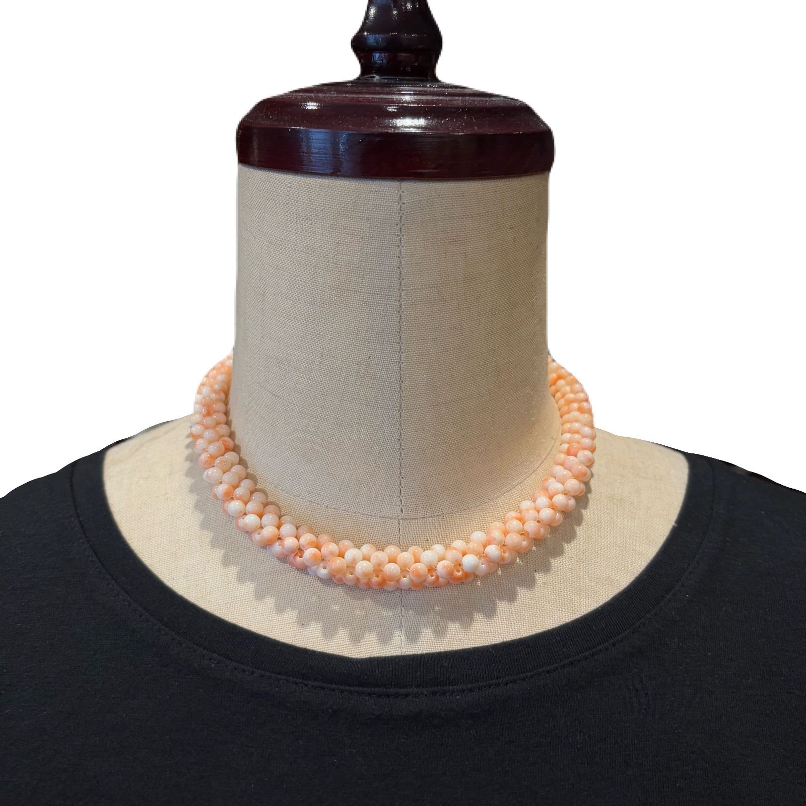 本珊瑚編み込みネックレス 天然桃珊瑚 編み込みネックレス シルバー金具 約42cm 本珊瑚 多連