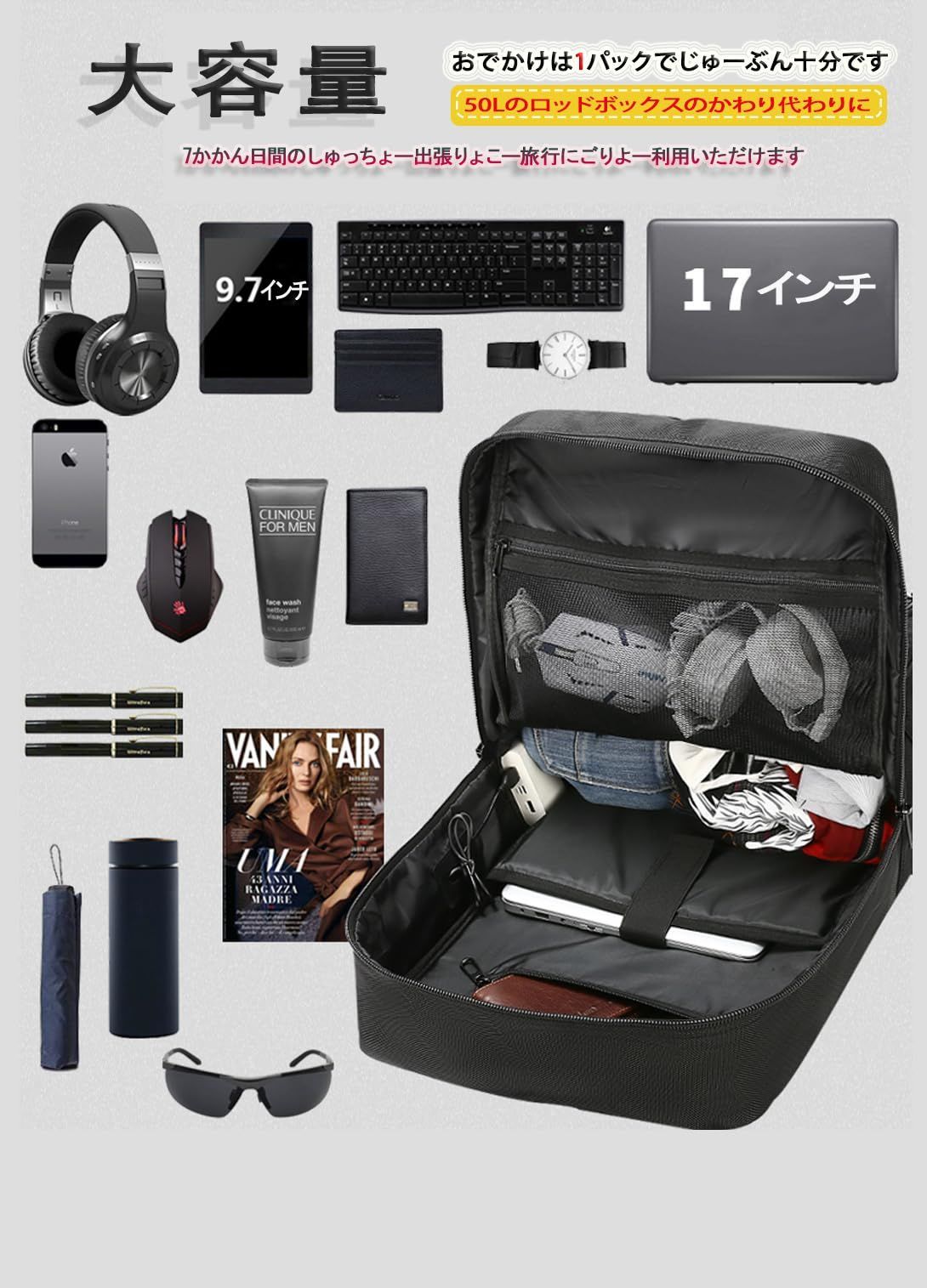 リュックサック ファスナー バックパック 17インチPC 大容量 スクエア 防水 70 L ハイキング用 ハイキング 登山リュック キャンプ アウトドア shrradoo 防災 旅行