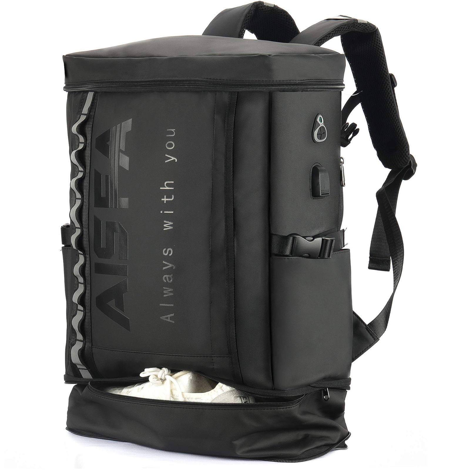 30 L USB充電ポート付き アウトドア旅行防災 ラップトップバック ビジネス PC 防水17インチ 通勤 バックパック スクエア リュックサック 靴 弁当収納 メンズ リュック AISFA