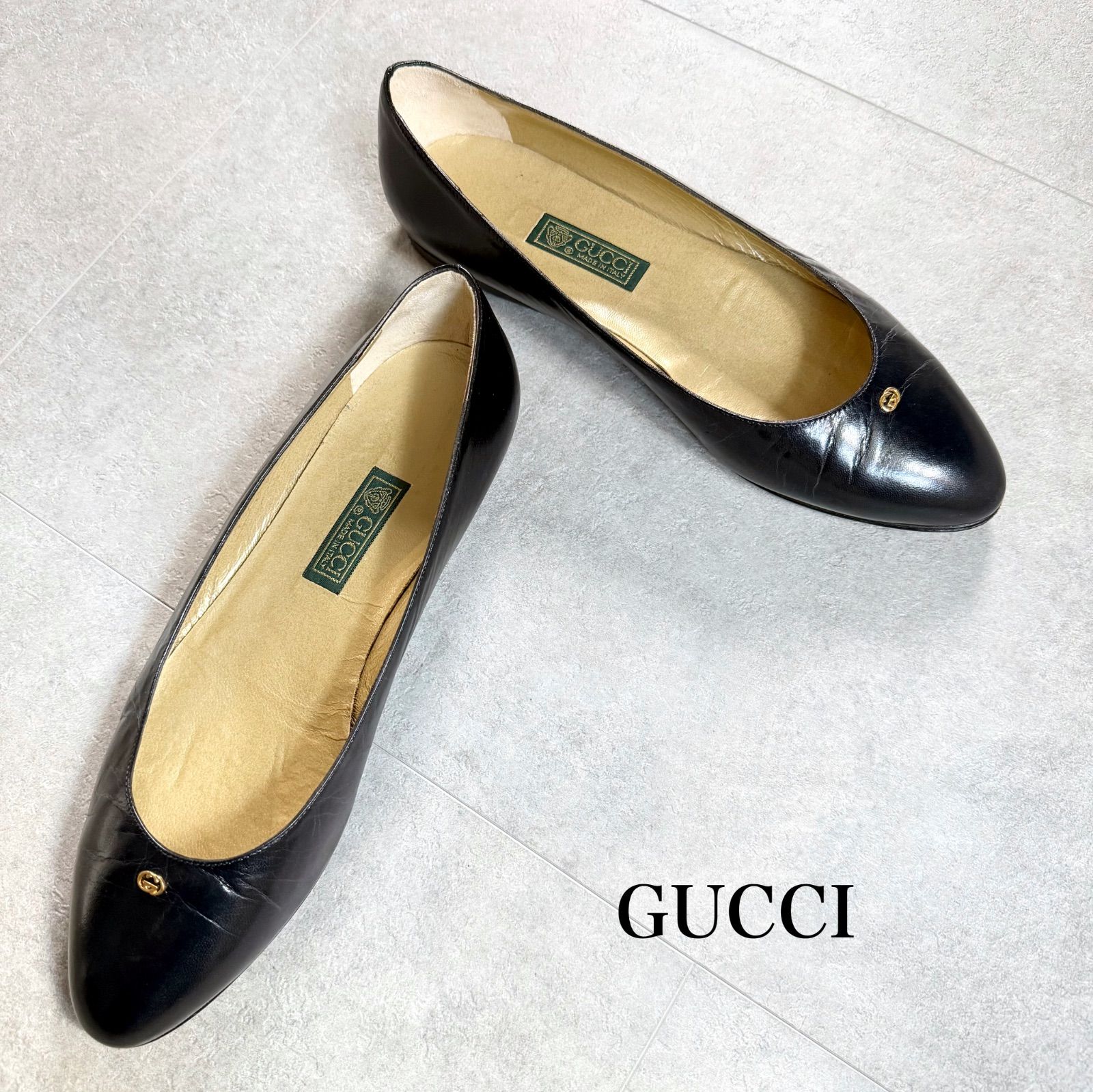 GUCCI フラットシューズパンプス GGロゴ金具 レザー ネイビー ゴールド金具 37 1|2 レディースパンプス オールドグッチ