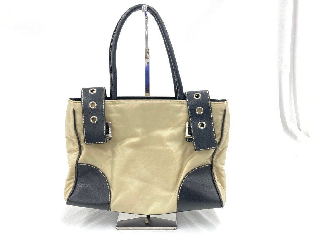 MO 00289 PRADA プラダ ナイロンxレザー ハンドバッグ ベージュ