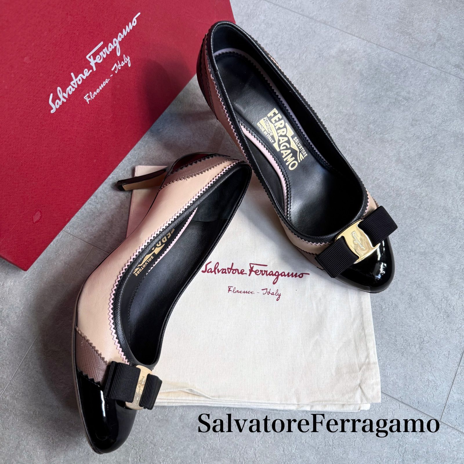 SalvatoreFerragamo サルヴァトーレフェラガモ ヴァラリボンパンプス レザー バイカラー ブラウン ブラック ゴールド ELOISA L 6 1|2 C レディースシューズ 23.5 cm