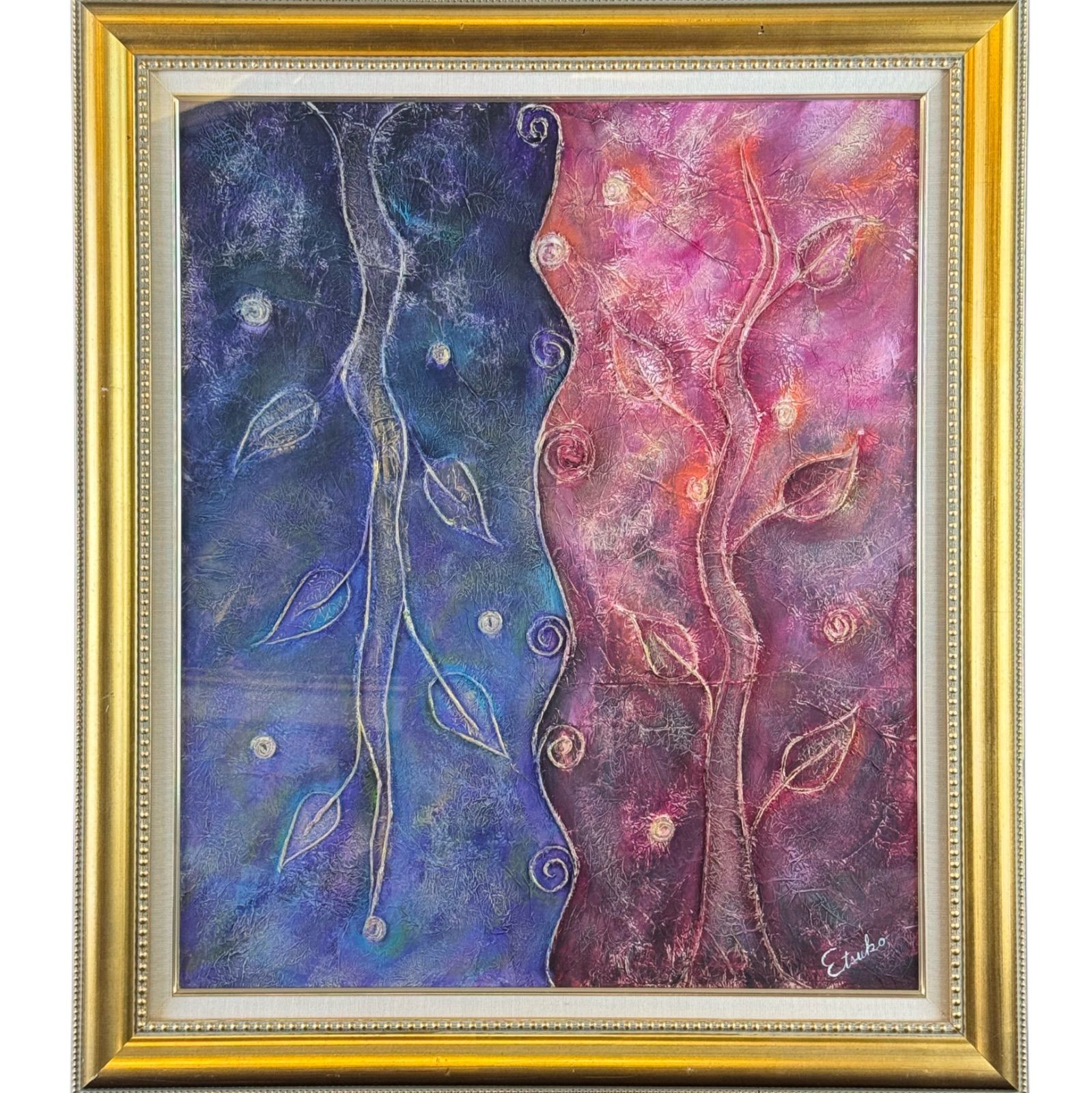 Etsuko 抽象画 ミクスドメディア 20号 大作 現代アート 寒暖色